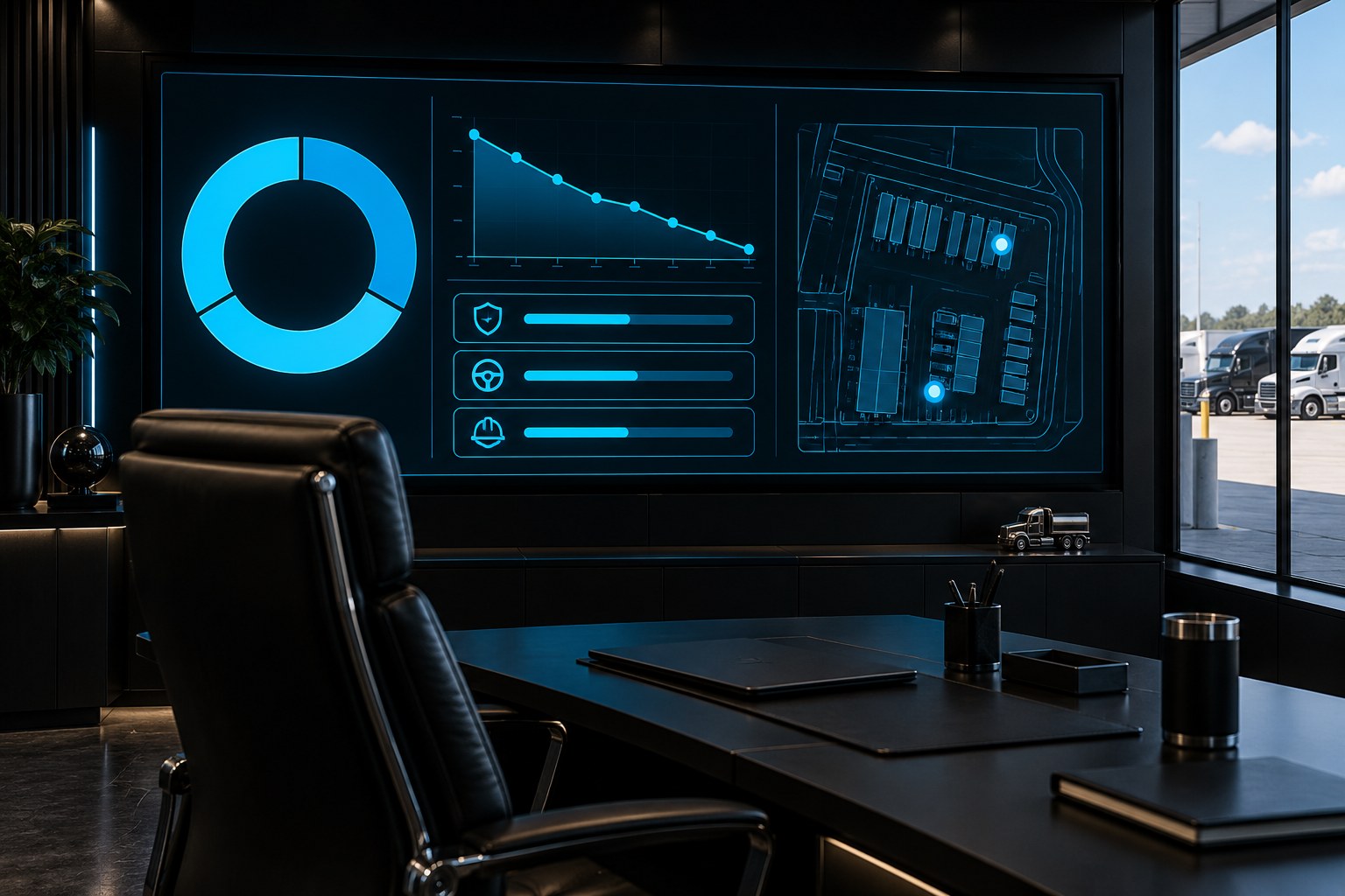 X3 Preventability command center: ruling mix ring, preventable-rate trend, repeat-driver list and hotspot map on a wall display