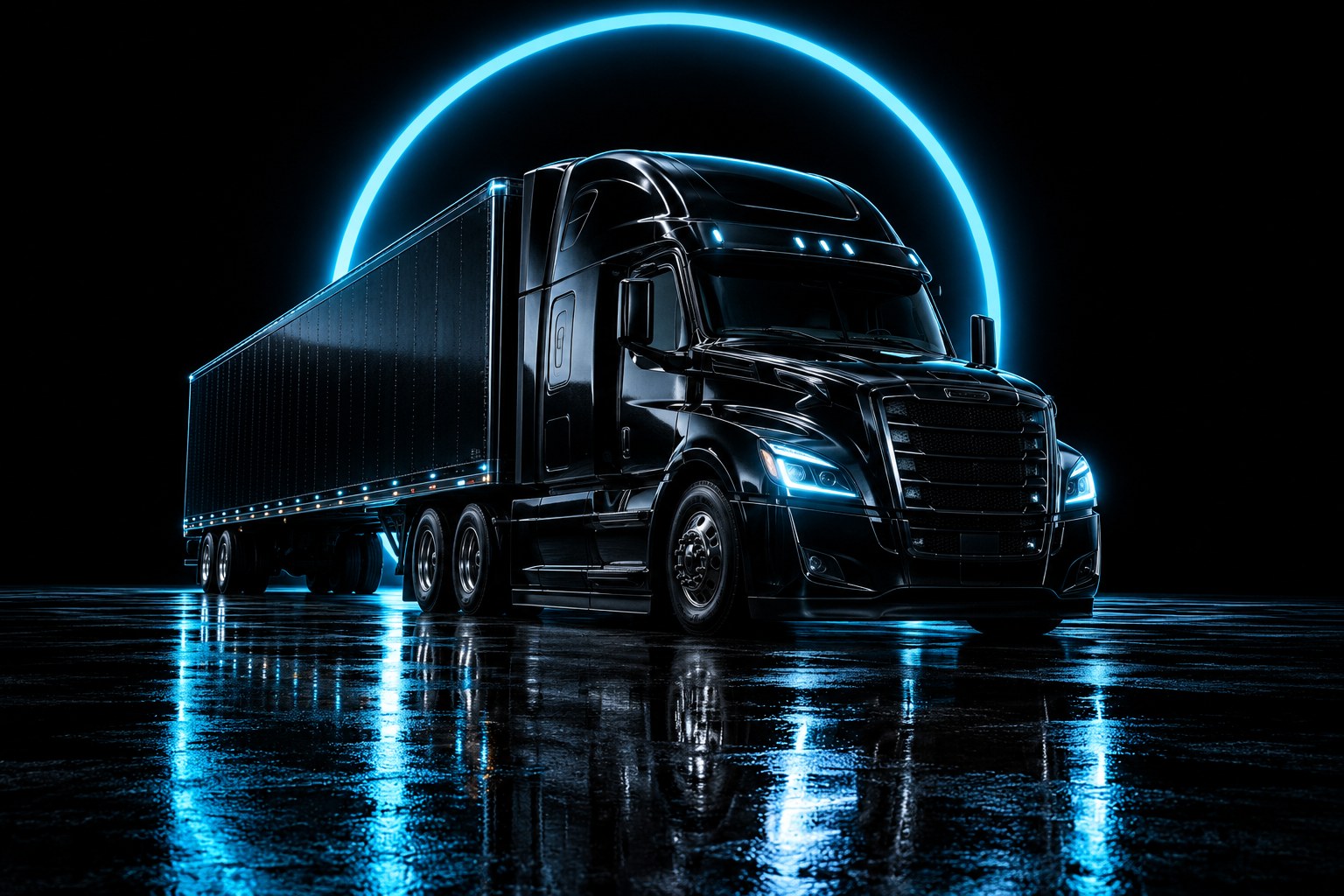 X3 Preventability: a black tractor under a ring of cyan light on a wet black floor