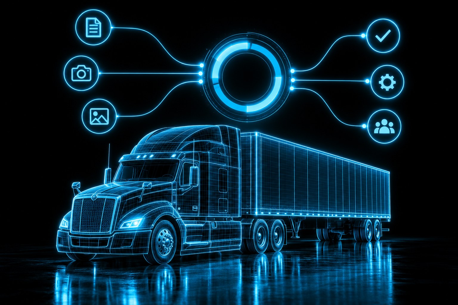X3 ruling intelligence: a wireframe tractor-trailer on black with evidence icons feeding a cyan decision ring that branches to three outcome nodes
