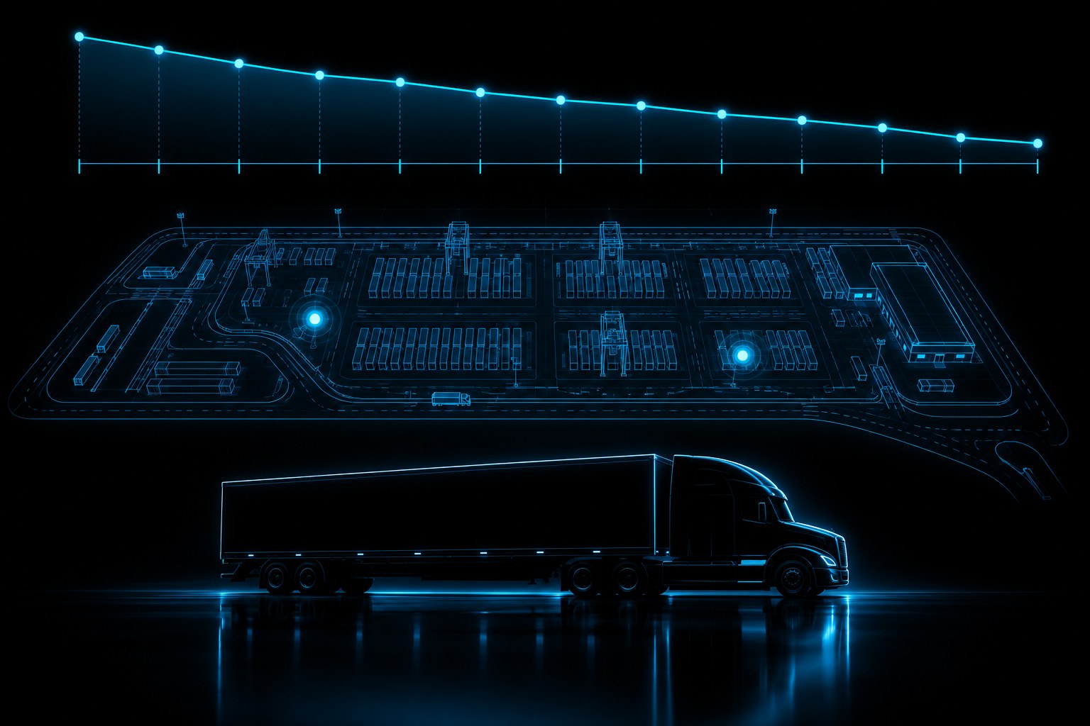 X3 Fleet Monitor on black: a cyan preventable-rate trend line falling across twelve months above a map with two glowing hotspot markers