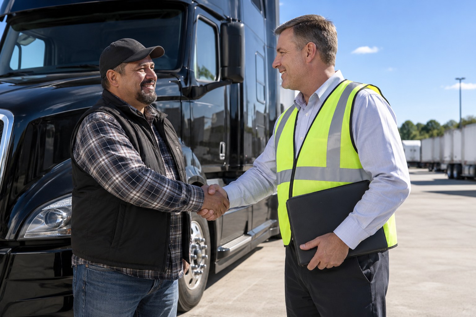 Driver and safety manager shaking hands beside a tractor in a bright yard, the driver relieved, a signed folder in the manager's other hand