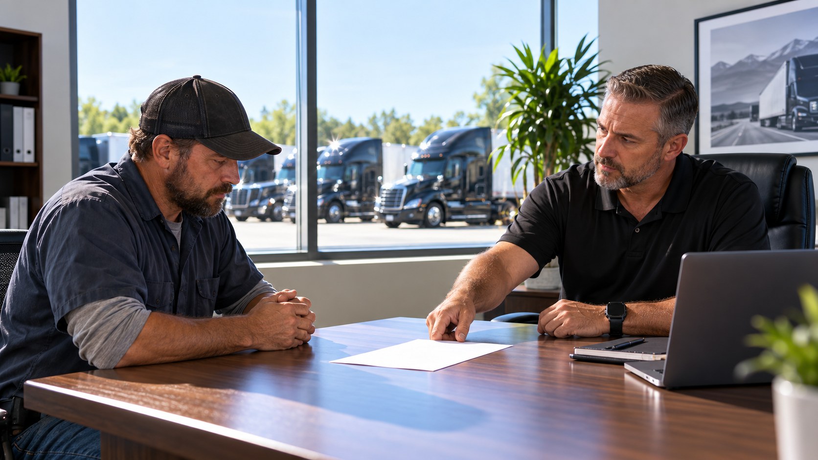 Driver sitting across a bright office desk from a safety manager who is sliding an incident form toward him, both serious