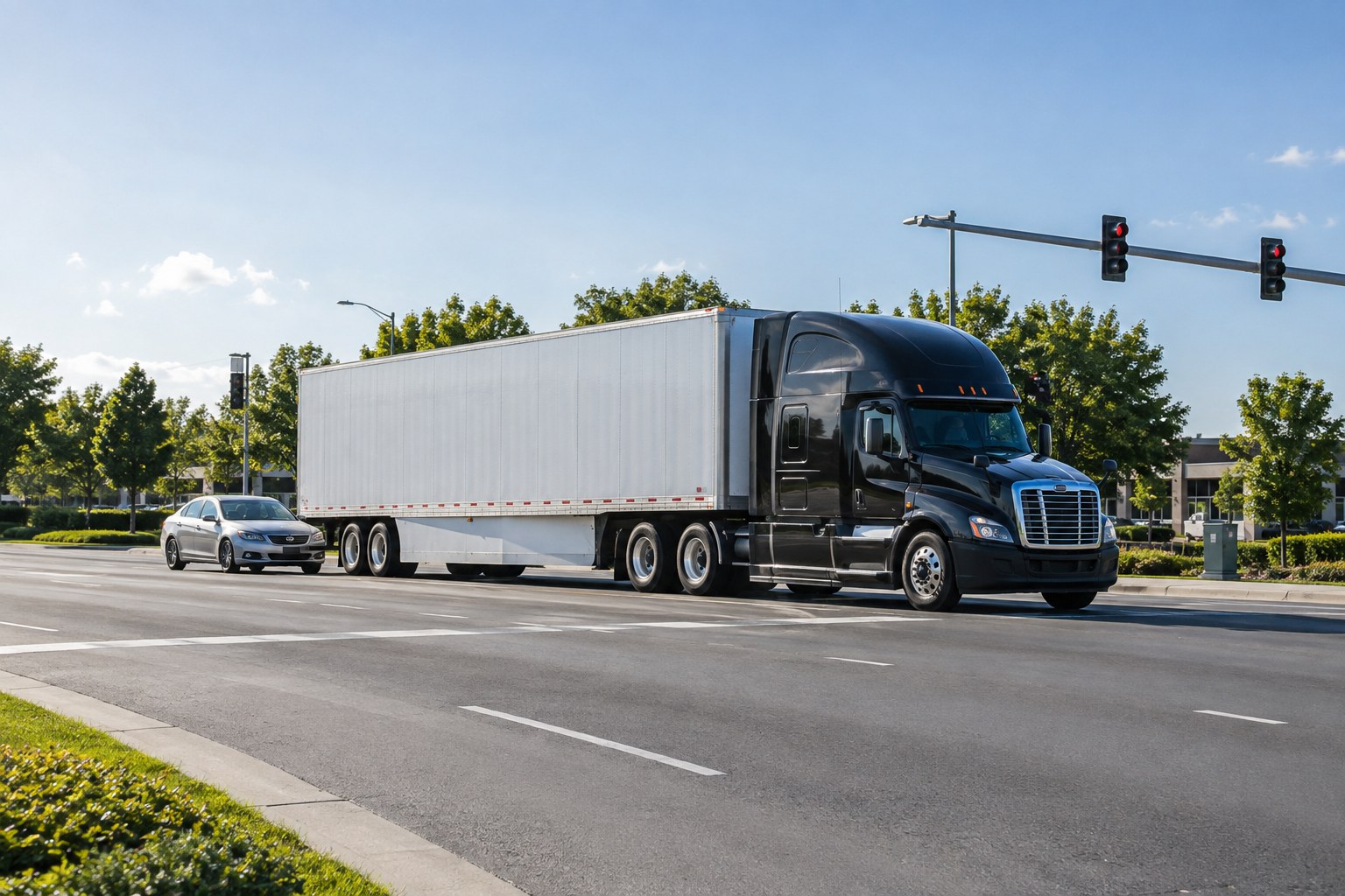 Tractor-trailer properly stopped at a red light on a bright suburban road, a passenger car close behind it