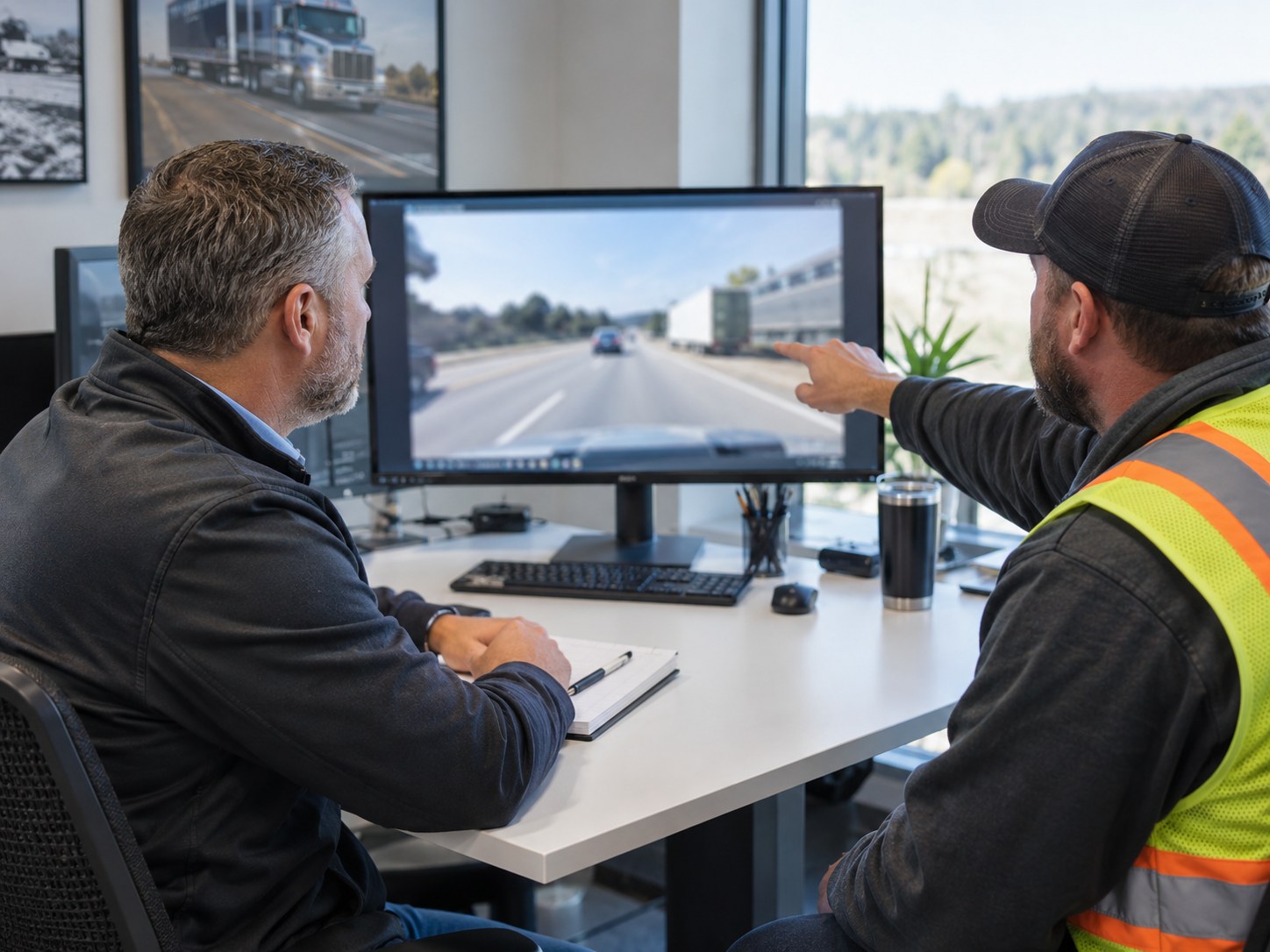 Safety manager and driver reviewing dashcam footage together on a large monitor in a bright office, the driver pointing at the screen